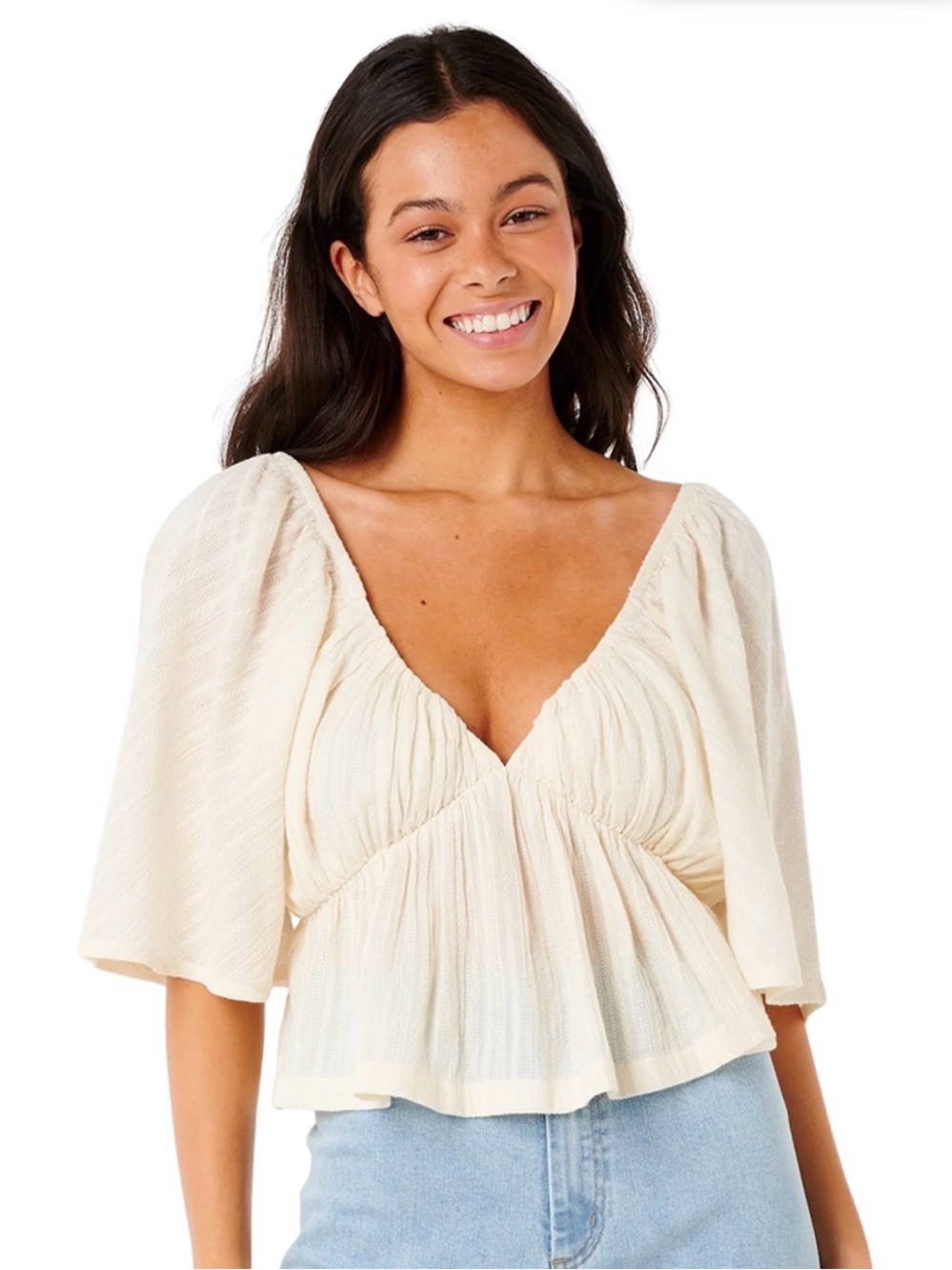 Ripcurl Cream Peasant Blouse with V-Neck - Women Tops